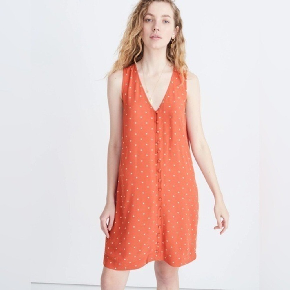 Madewell‎ Button-Front Dress Womens XXS Orange Polka Dot Preppy